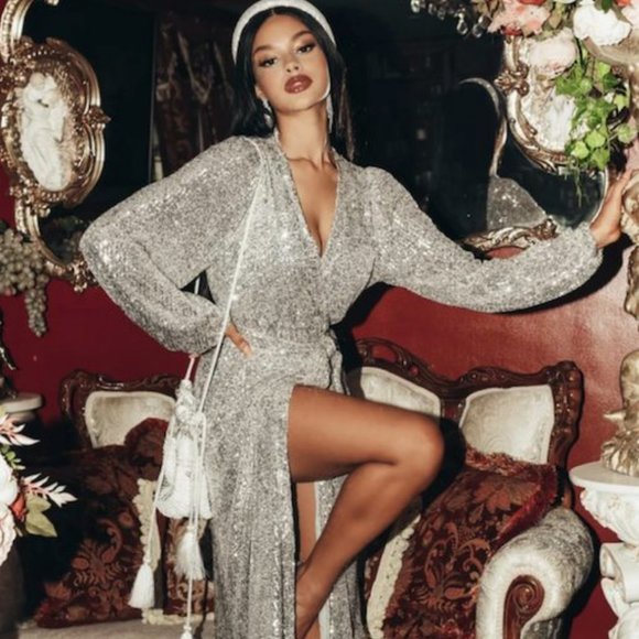 Show Me Your MuMu Silver Sequin Midi Dress - Picture 1 of 8